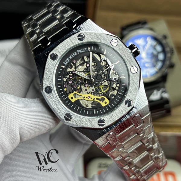 Audemars Piguet Skeleton Dial Automatic Watch for Men with stainless steel bracelet and octagonal case