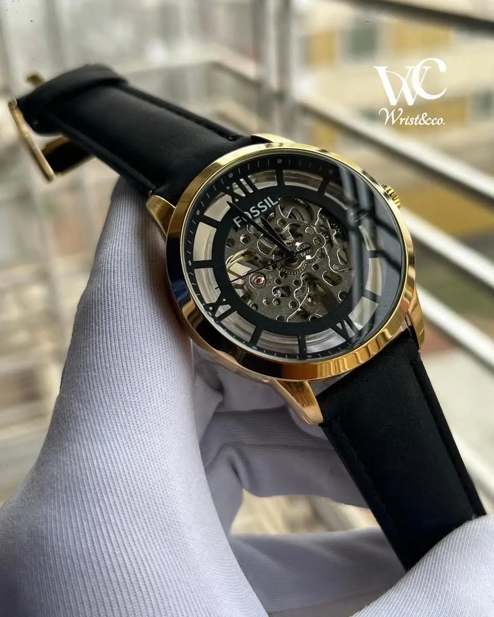 Fossil Automatic Black Leather Gold Case Watch