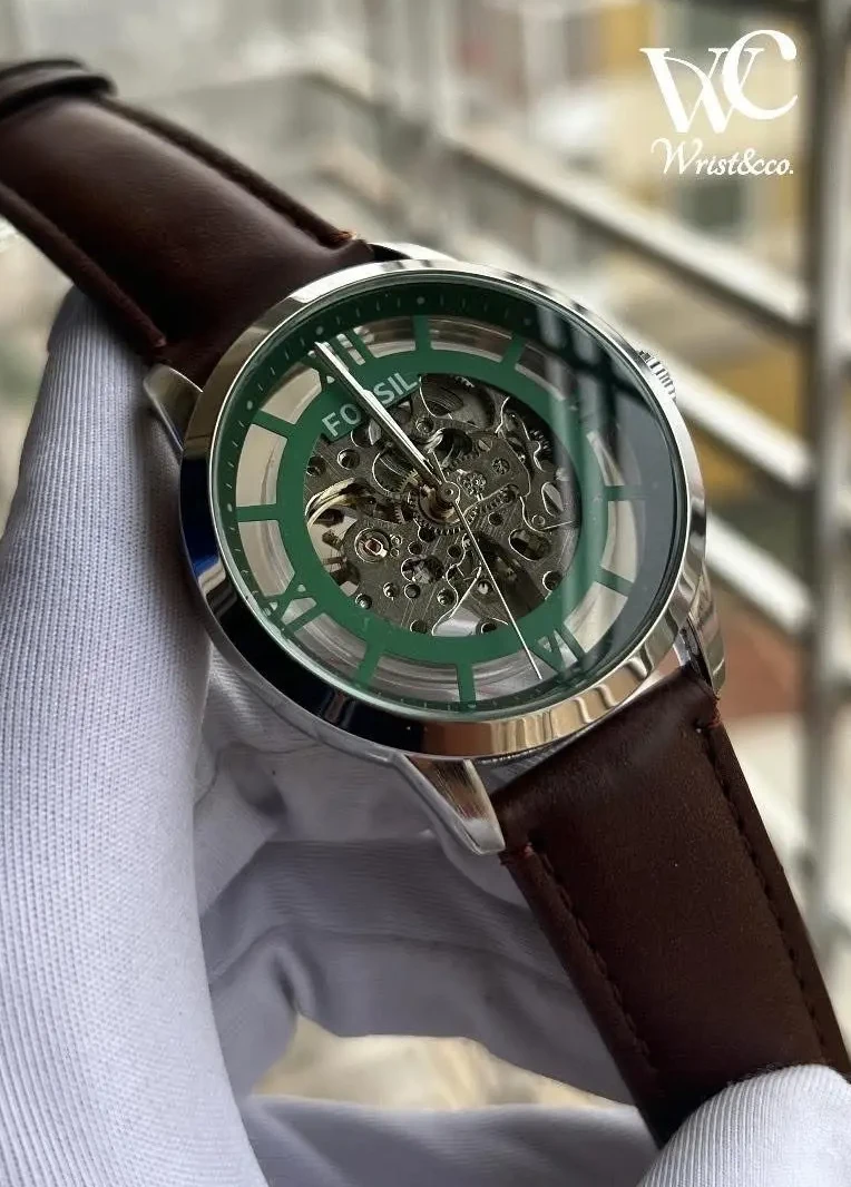 Fossil Automatic Brown Leather Silver Case Watch Fossil Automatic Brown Leather Silver Case Watch